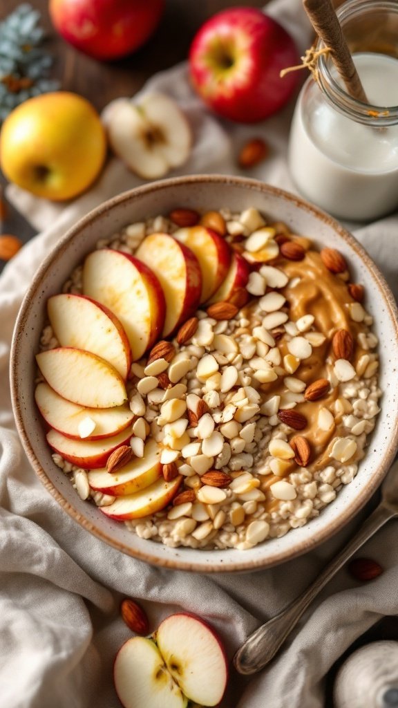 A delicious bowl of apple and almond butter oats topped with sliced apples and almonds.