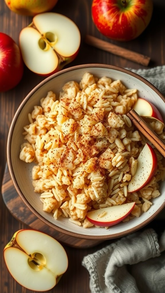 A bowl of apple and cinnamon rice pilaf garnished with apple slices and sprinkled with cinnamon.