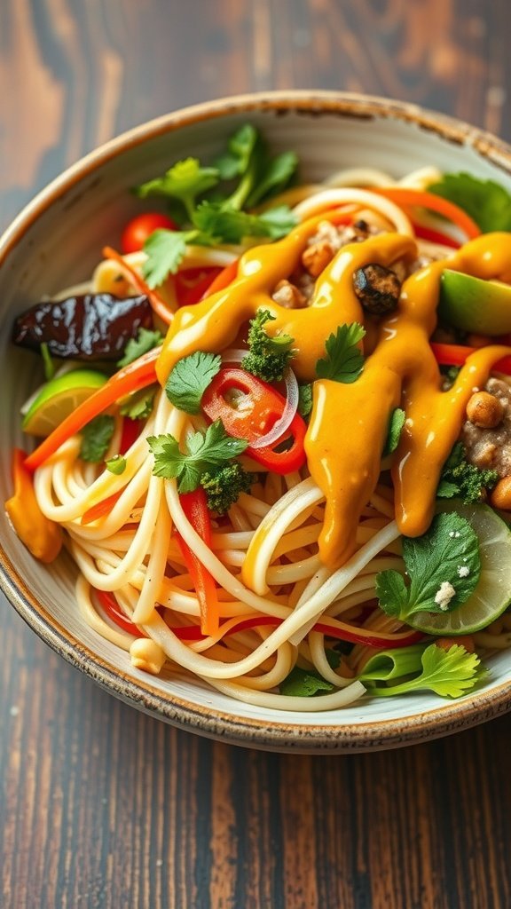 A colorful bowl of Asian noodle salad with vibrant vegetables and peanut dressing