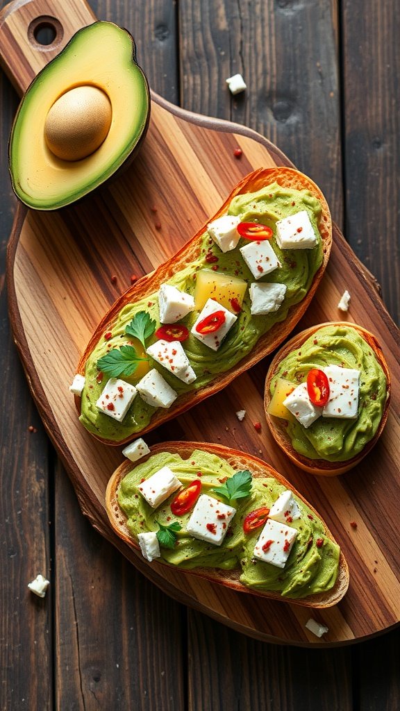 Avocado and feta bruschetta on wooden serving board