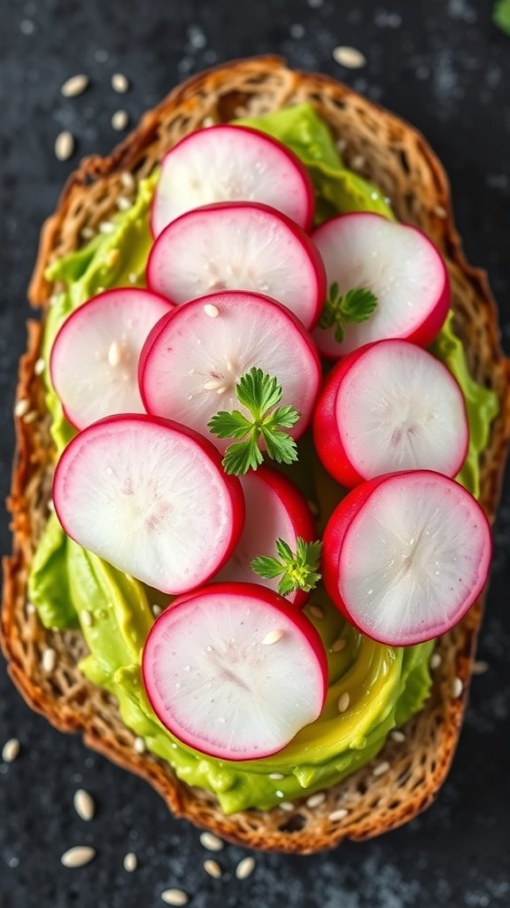 A delicious avocado toast topped with radish slices, showcasing fresh ingredients.