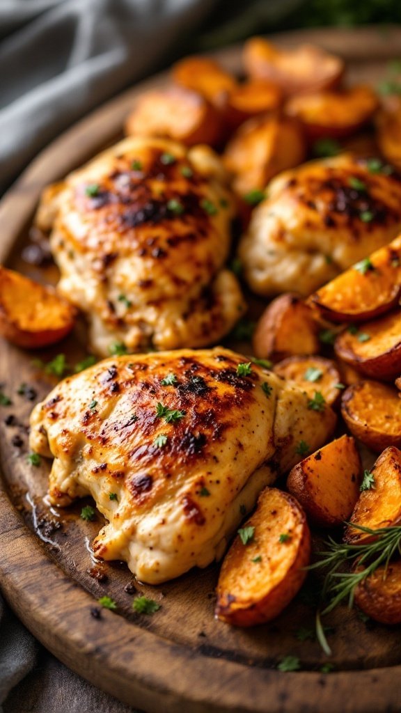 Baked chicken thighs served with roasted sweet potatoes on a wooden platter.
