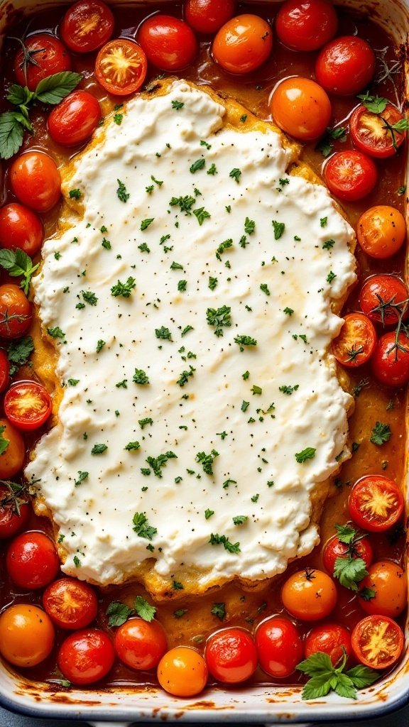 A dish of baked feta cheese with cherry tomatoes, garnished with herbs.