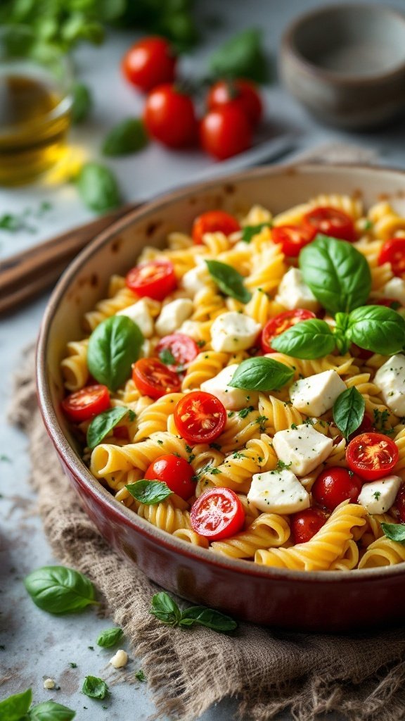 A bowl of baked feta pasta with cherry tomatoes and fresh basil