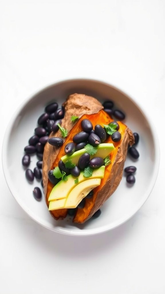 Baked sweet potato topped with black beans and avocado slices