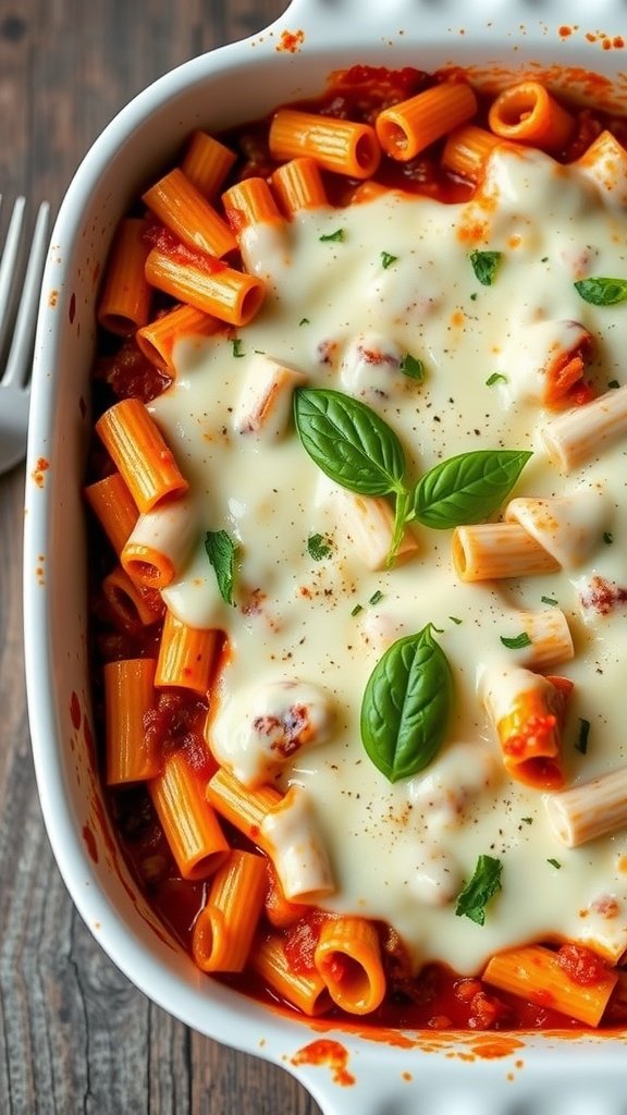 A dish of baked ziti topped with mozzarella cheese and fresh basil.