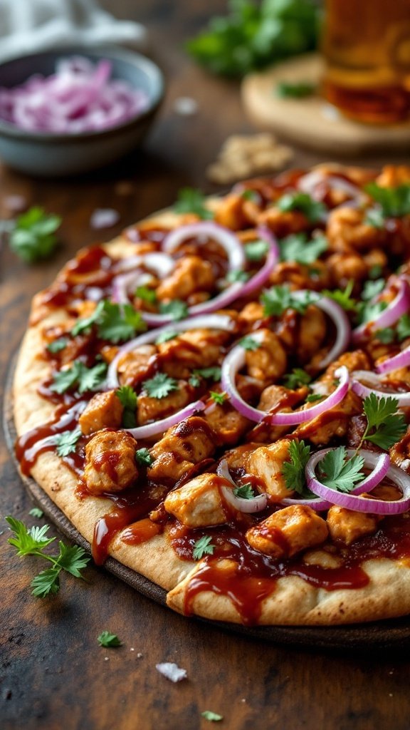 A delicious BBQ Chicken Flatbread Pizza topped with red onions and cilantro.