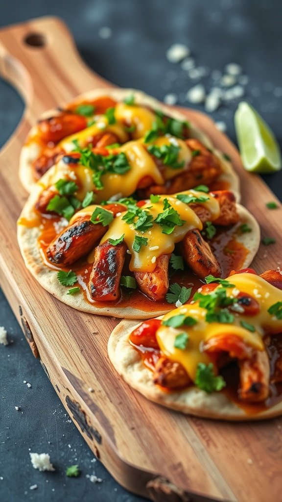 Delicious BBQ chicken flatbreads topped with cheese and herbs