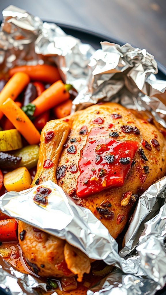 BBQ chicken with vegetables wrapped in foil.