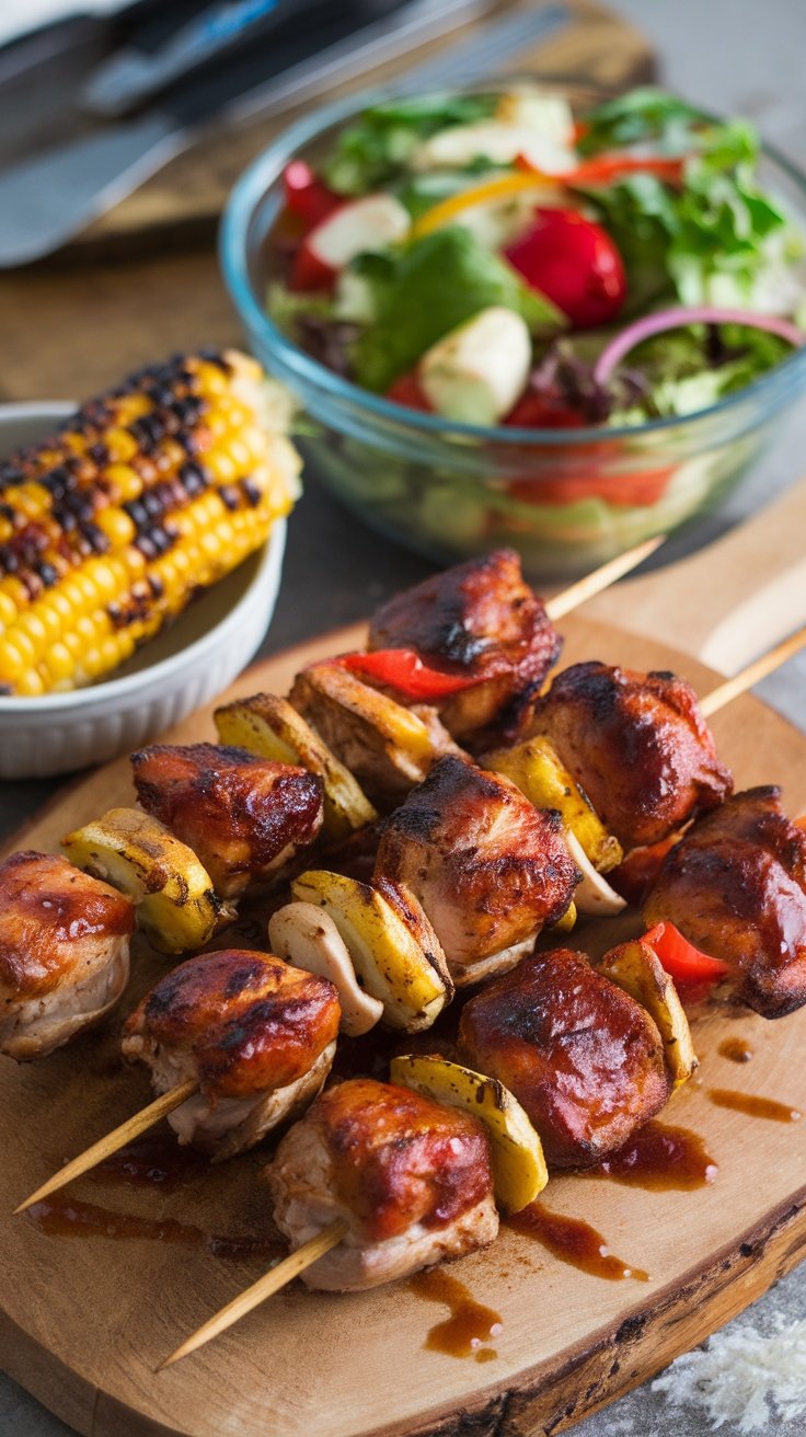 BBQ Chicken Thigh Kebabs with Corn on a serving platter