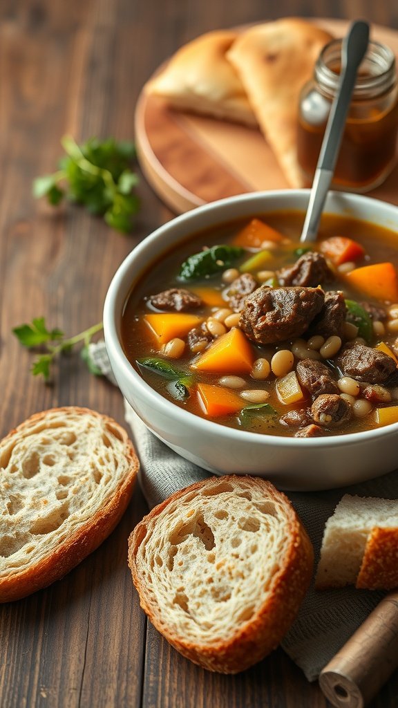 A warm bowl of beef and barley soup served with slices of fresh bread.