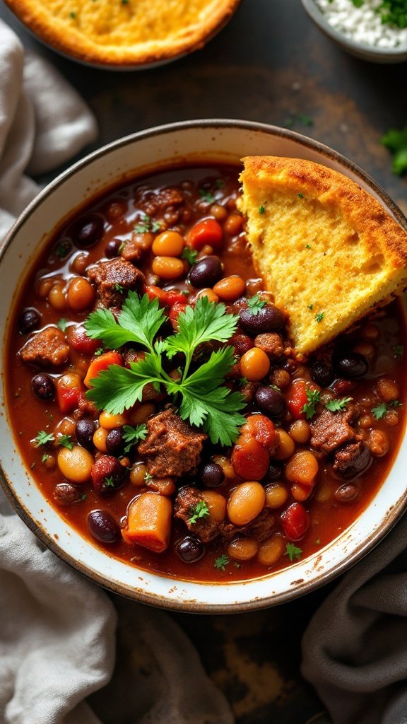 A bowl of Beef and Bean Chili with a piece of cornbread on the side, garnished with fresh herbs.