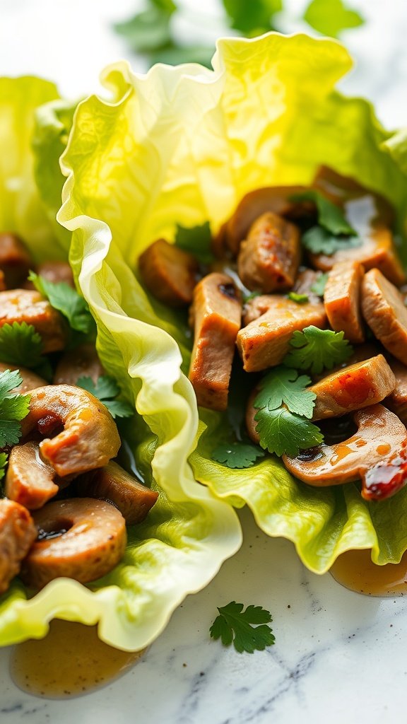 Beef and mushroom lettuce wraps with cilantro
