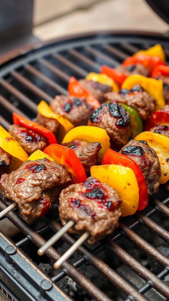 Delicious beef kebabs with colorful grilled bell peppers on skewers.