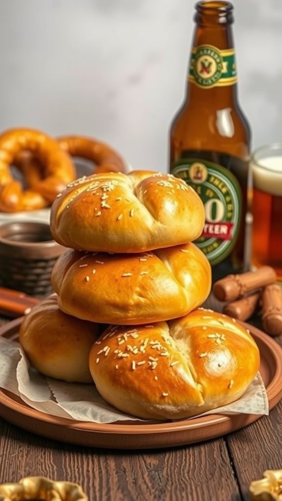 Freshly baked beer bread rolls on a wooden plate.