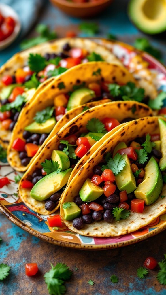 Delicious black bean tacos topped with avocado and fresh vegetables.