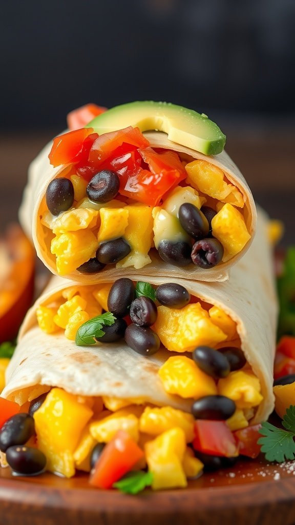 A delicious breakfast burrito filled with eggs, black beans, and fresh vegetables, topped with salsa.