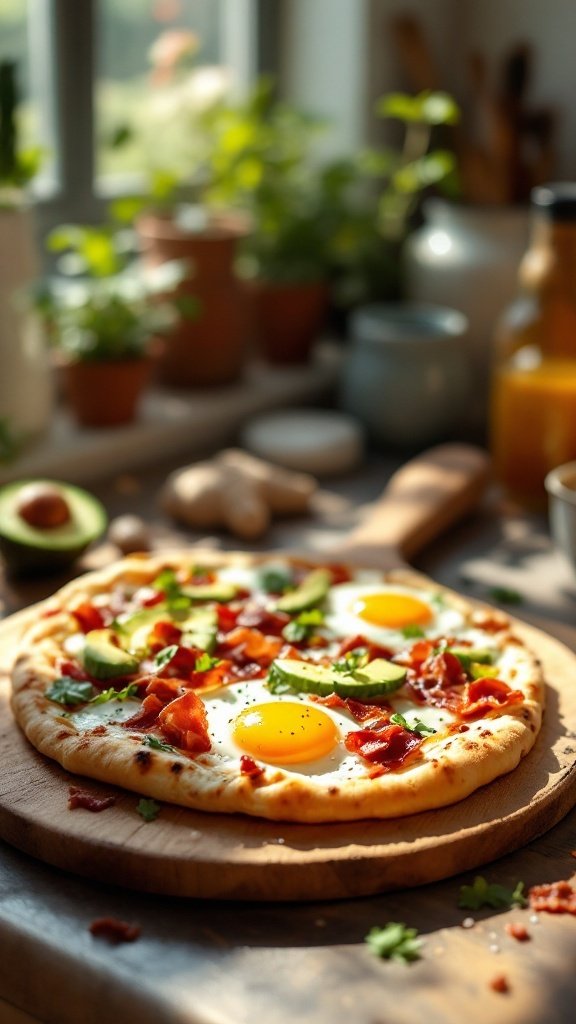 A delicious breakfast flatbread pizza topped with eggs, bacon, and avocado.