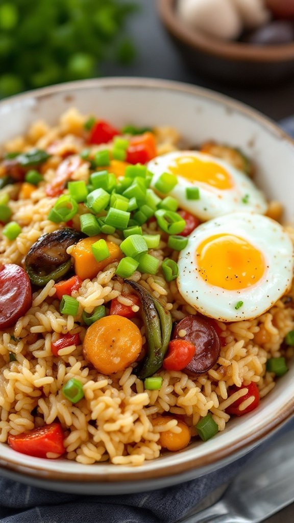 A bowl of colorful breakfast fried rice with eggs, topped with green onions and tomatoes.