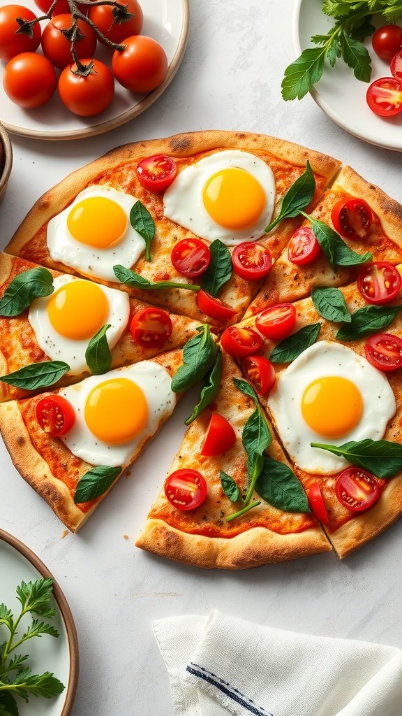 A delicious breakfast pizza topped with eggs, spinach, and cherry tomatoes.