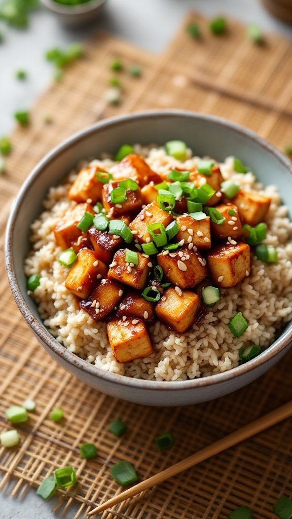 A bowl of brown rice topped with teriyaki tofu and green onions