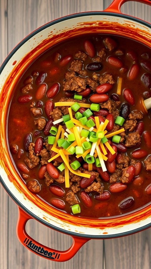 A pot of chili con carne topped with cheddar cheese and green onions.