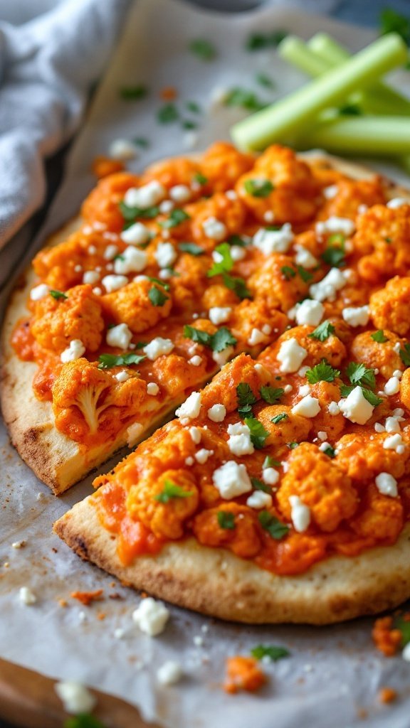 Buffalo Cauliflower Flatbread Pizza topped with cheese and cilantro