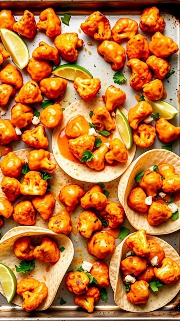 Buffalo Cauliflower Tacos on a sheet pan with roasted cauliflower and toppings.