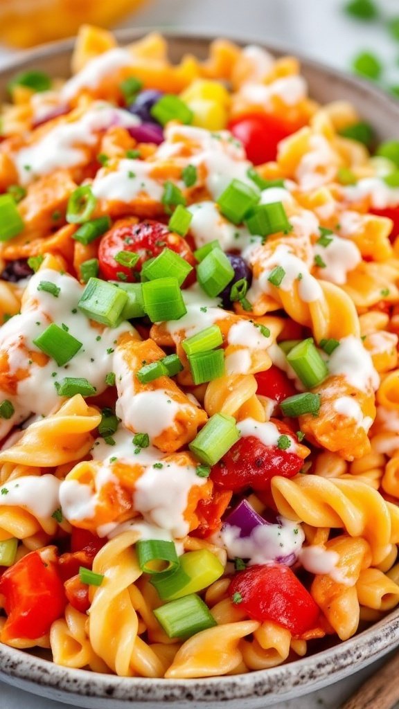 A bowl of buffalo chicken pasta salad with bright vegetables and creamy dressing.

14 cheap recipes using rotisserie chicken