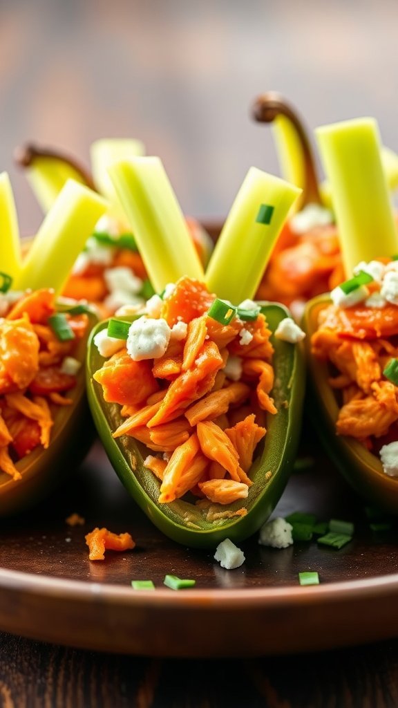 Buffalo chicken stuffed peppers with celery sticks and green onions