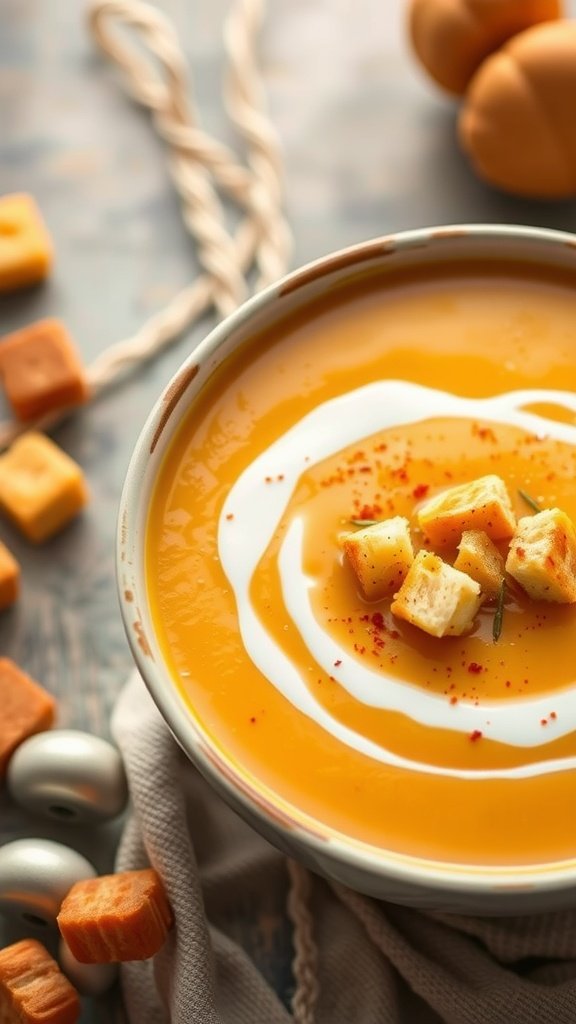 A creamy bowl of butternut squash soup topped with croutons and a drizzle of cream.