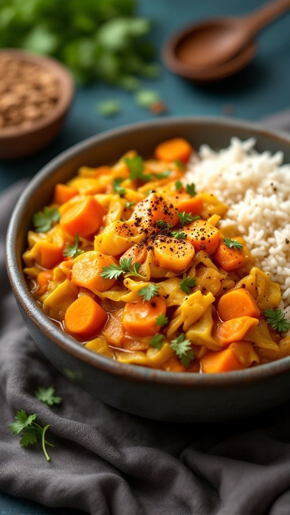 A bowl of cabbage and carrot curry served with rice garnished with fresh herbs.