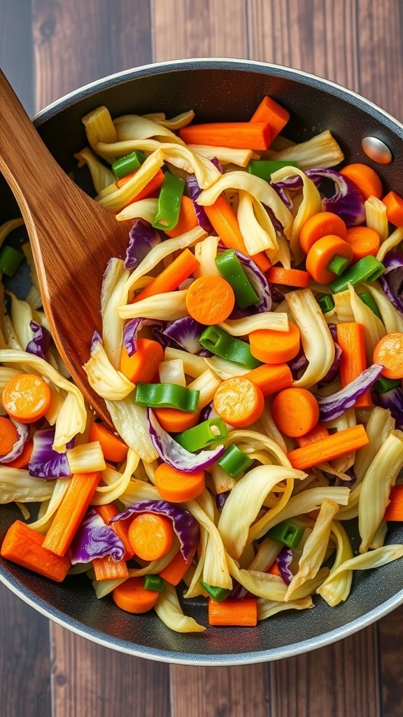 A colorful stir-fry with cabbage, carrots, and bell peppers in a skillet.