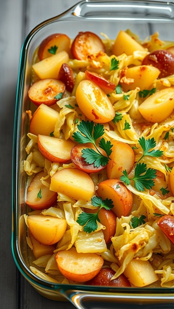 A delicious Cabbage and Potato Casserole with visible layers of potatoes, cabbage, and garnished with parsley.