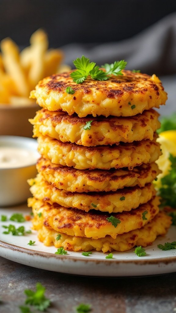 A stack of golden-brown cabbage and potato patties garnished with fresh herbs.