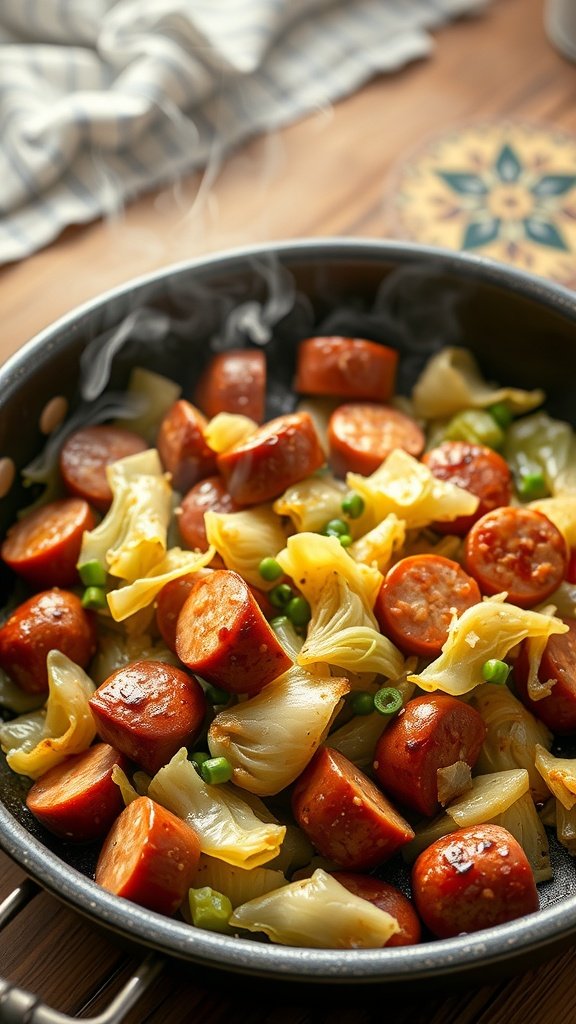 A bowl of cabbage and sausage stir-fry with green onions sprinkled on top.

14 cheap one-bowl meal ideas