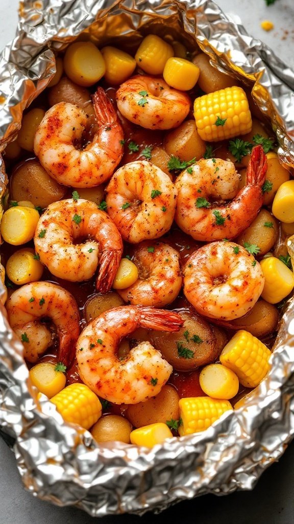 A delicious plate of Cajun shrimp with corn and potatoes, served in a foil pack.