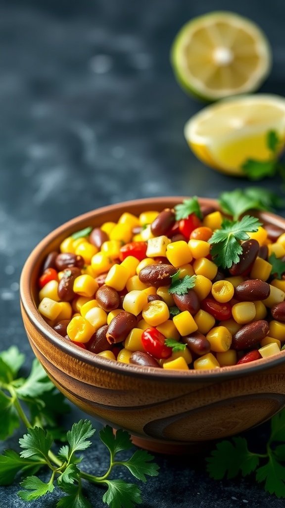 A vibrant bowl of mixed bean and corn salad garnished with cilantro