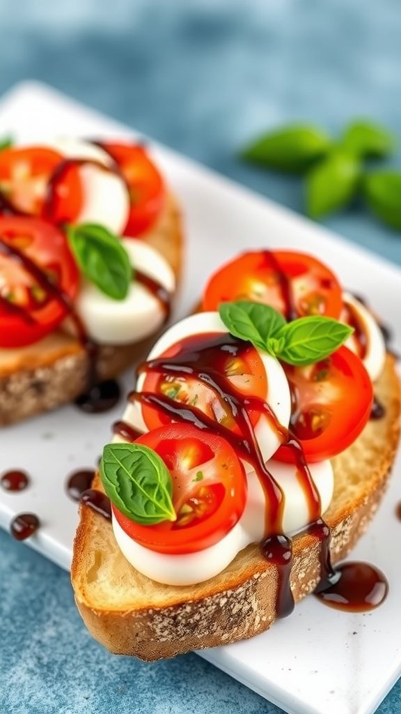 Caprese-inspired bruschetta with tomatoes, mozzarella, and basil on toasted baguette slices, drizzled with balsamic glaze.