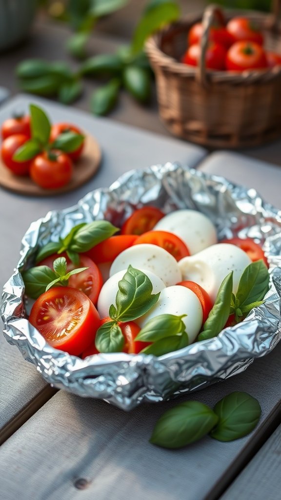 Caprese salad foil pack with tomatoes, mozzarella, and basil