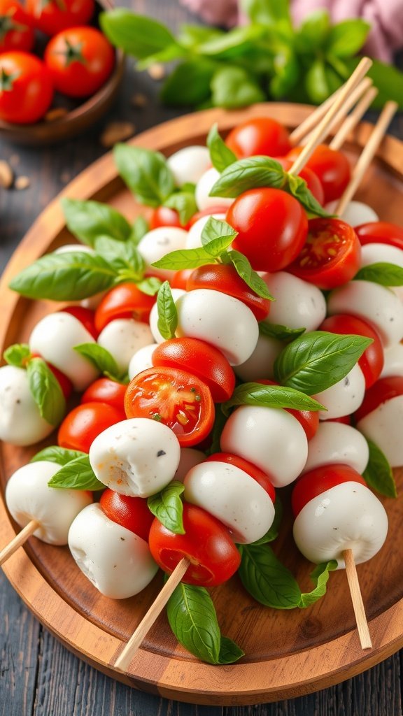 Caprese salad skewers with cherry tomatoes, mozzarella balls, and fresh basil
