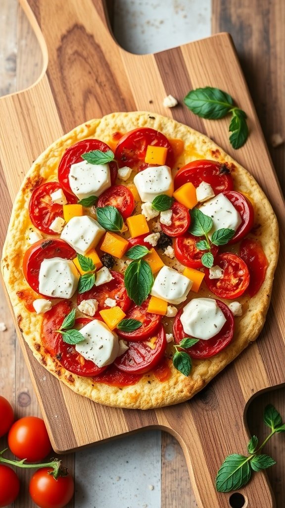 A delicious cauliflower crust pizza topped with colorful vegetables and cheese.