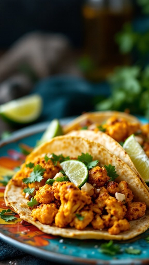 Two cauliflower tacos garnished with lime and cilantro on a colorful plate.