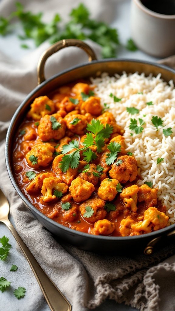 A bowl of cauliflower tikka masala served with rice and garnished with fresh cilantro