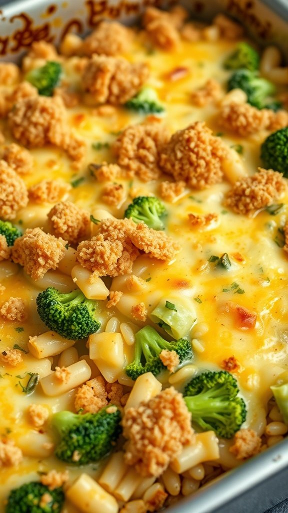 A delicious cheesy broccoli and rice bake with a golden topping.