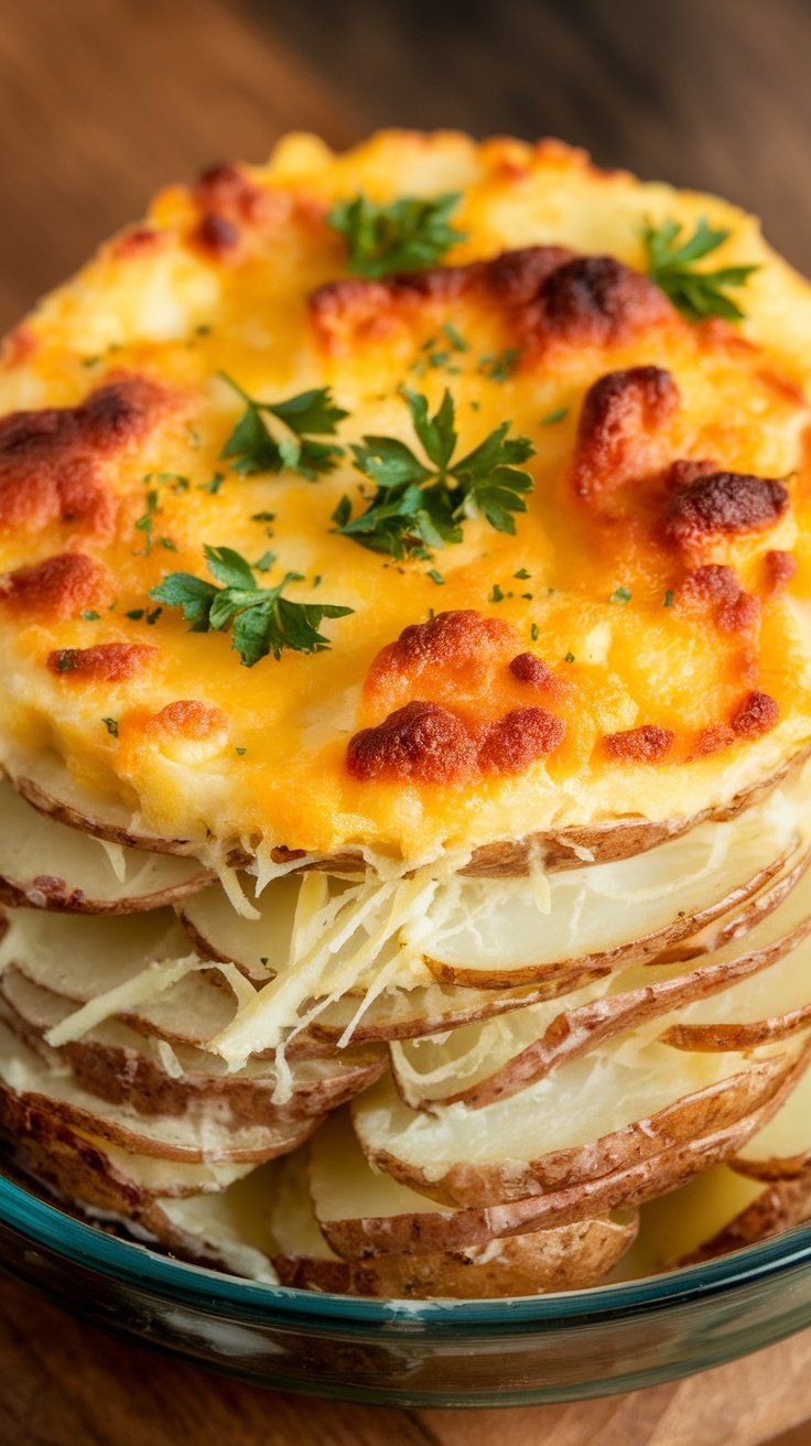 A serving of cheesy scalloped potatoes with layers of sliced potatoes and melted cheese, garnished with parsley.