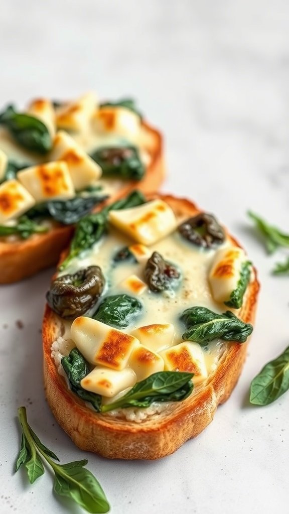 Cheesy spinach spread on toasted baguette slices