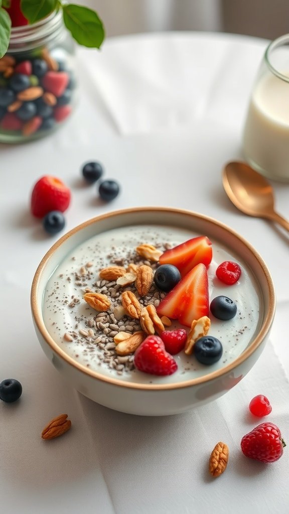 A bowl of chia seed pudding topped with fresh fruits and nuts.