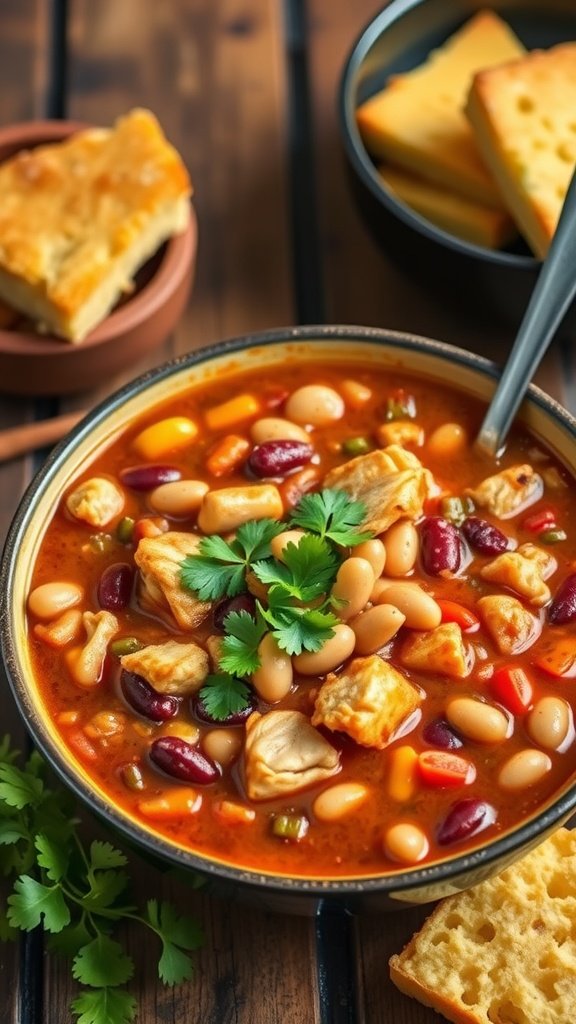 A bowl of chicken and bean chili garnished with cilantro.