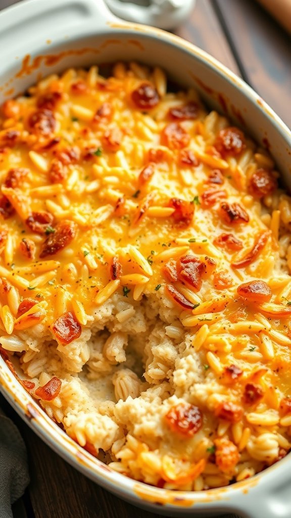 A delicious chicken and rice casserole topped with cheese and diced tomatoes.